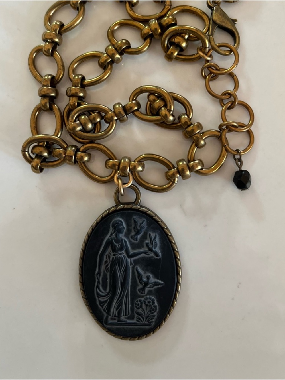 Vintage Black W German Goddess Mourning Cameo Necklace Chunky Brass Chain NOS